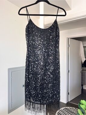 Vintage Cache 100% Silk Full Sequined Mini Dress Tassel Hemline- Sz 4